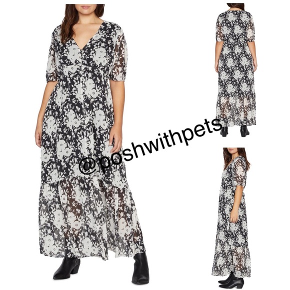 Sanctuary NWT Florence Puff Sleeve V Neck Maxi Dress Black & White Floral New - Picture 1 of 10